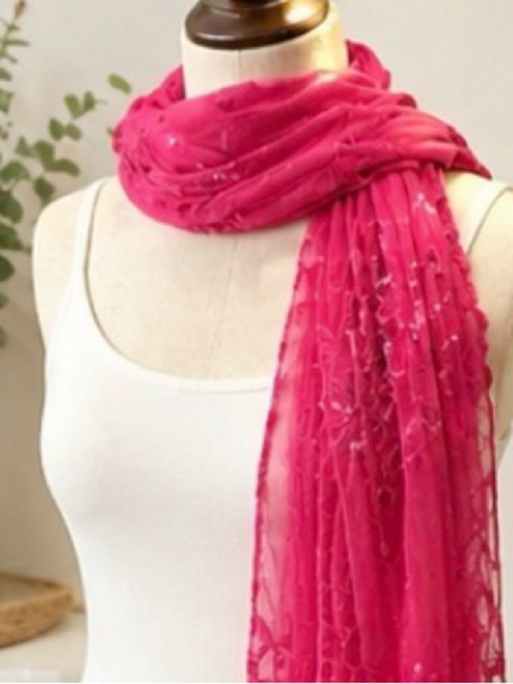 Hot Pink Sheer Lace Floral Embroidered Fringe Scarf Lightweight Boho Shawl - Picture 2 of 6